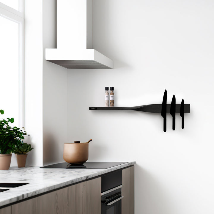 Twist Shelf Black Oak • Minimalist Wooden Shelf • Magnetic Knife Rack • Solid Oak • Modern Home • Office Decor